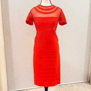 Hervé Léger Neon Orange Mesh Bandage Midi Dress Size M Bodycon Designer Dress